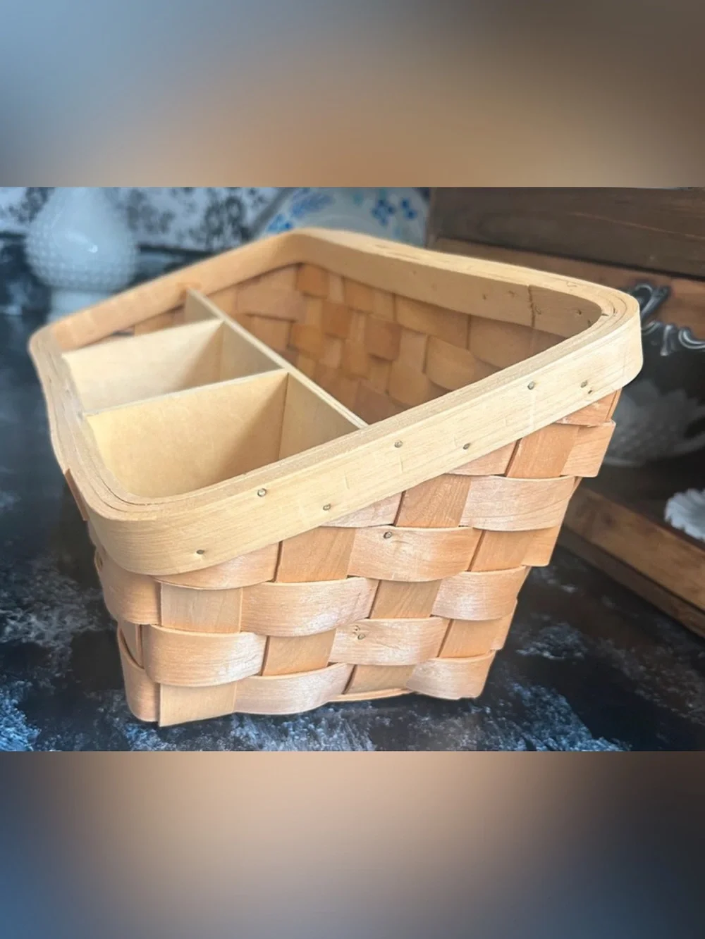 Vintage Woven Wooden Divided Storage Basket - Natural Finish